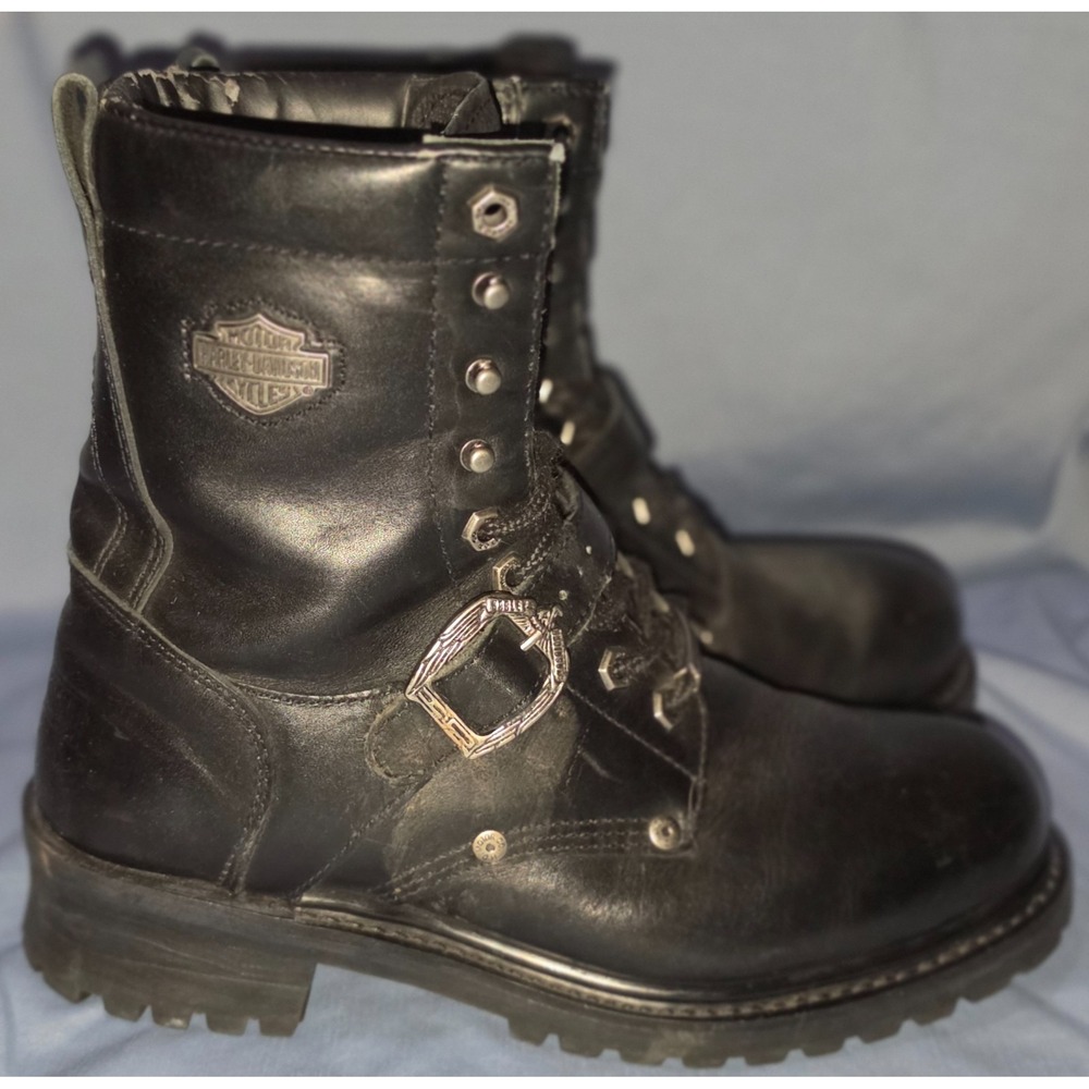 Harley-Davidson Faded Glory Motorcycle Boot Mens 8.5 Black Leather Combat Biker - Picture 2 of 7